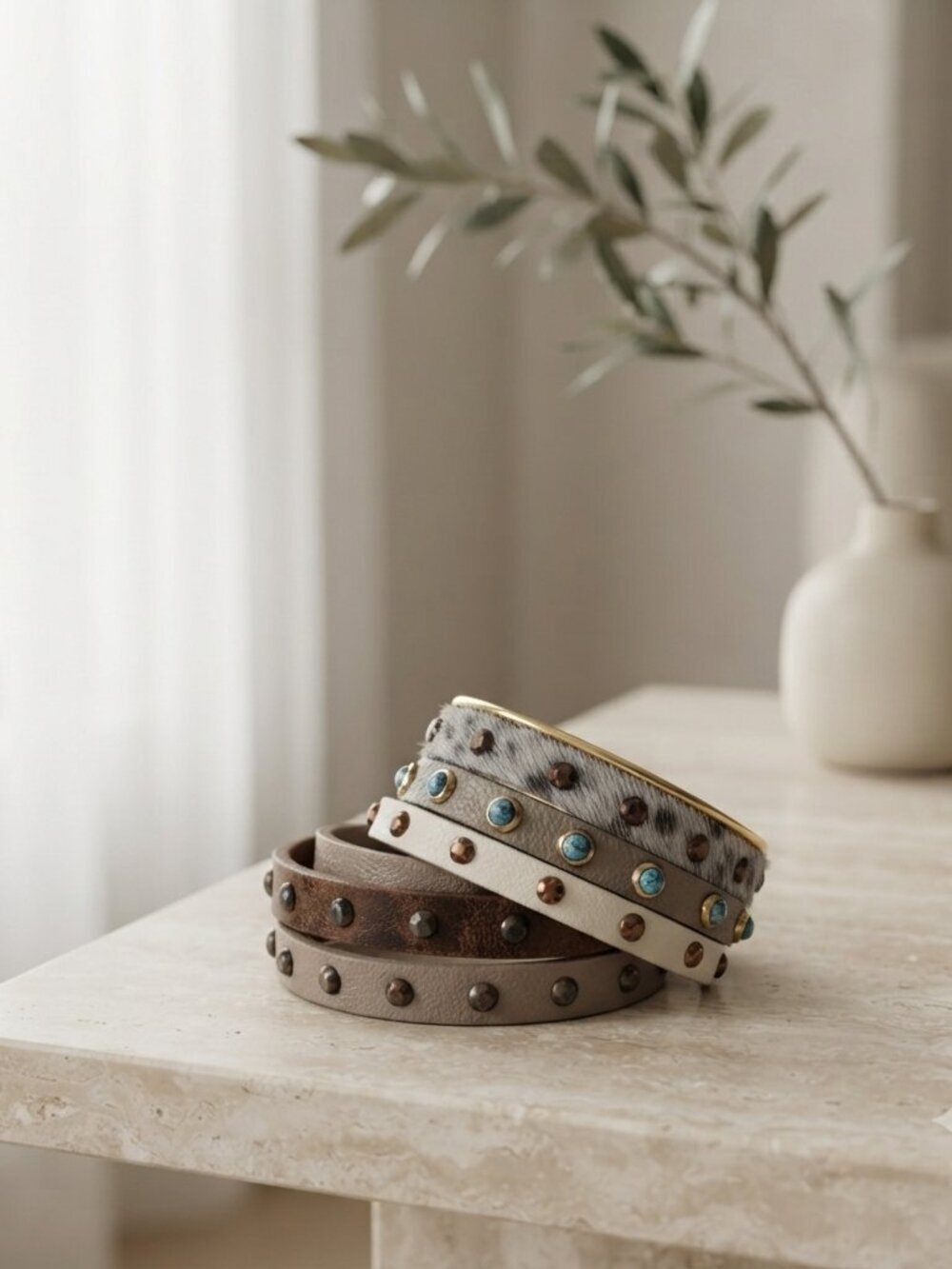 Leather Studded Bracelet Set Brown White Adjustable Stackable